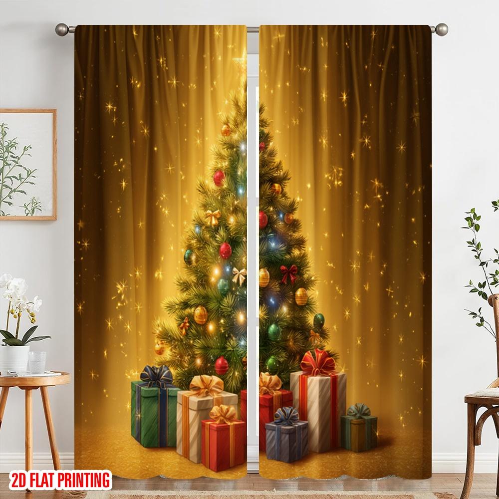 2pcs,2D Plane Printing Curtains Digital Printed Classic Christmas Tree and Gifts Polyester Fabric (without Rod) Festive Ldeal