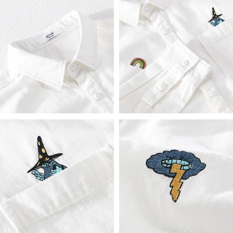 Chic Embroidered White Shirts for Men Spring and Summer Streetwear Youth New Casual Tops Pure Cotton Long Sleeve Shirt Korean Style Men Clothing