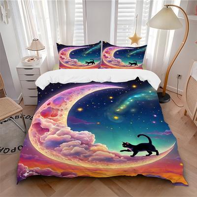 3pcs Anime Cat Moon Galaxy Bedding Set - Includes One Quilt Cover and Two Pillowcases (No Core) - Polyester Fabric, Fantasy Design for Bedro