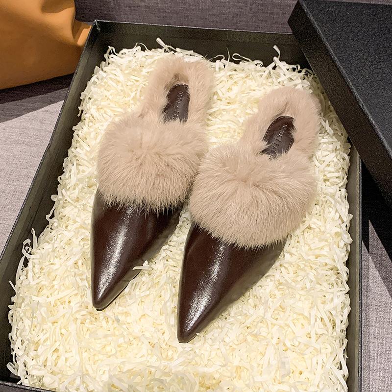 

Остроносые тапочки на плоской подошве, женская обувь, плюшевые теплые модные уличные шлепанцы с пухом, высококачественная кожаная поверхность, Европа и Америка 40 темно-коричневого