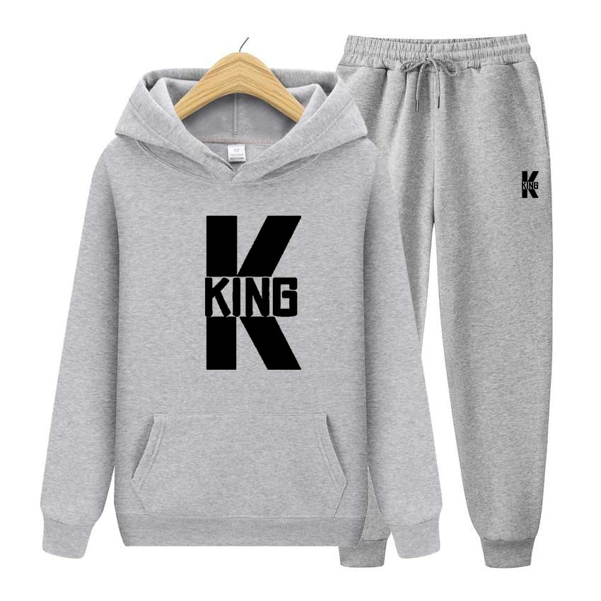King Print Tracksuit 2 Pieces Set Long Sleeve Sweatshirts for Men Women Sport Suit Hooded Pullover Sweatshirt Top Coat
