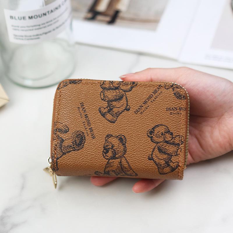 New double-layer zipper organ card bag, short cartoon bear printed organ card bag, multi-card change bag.
