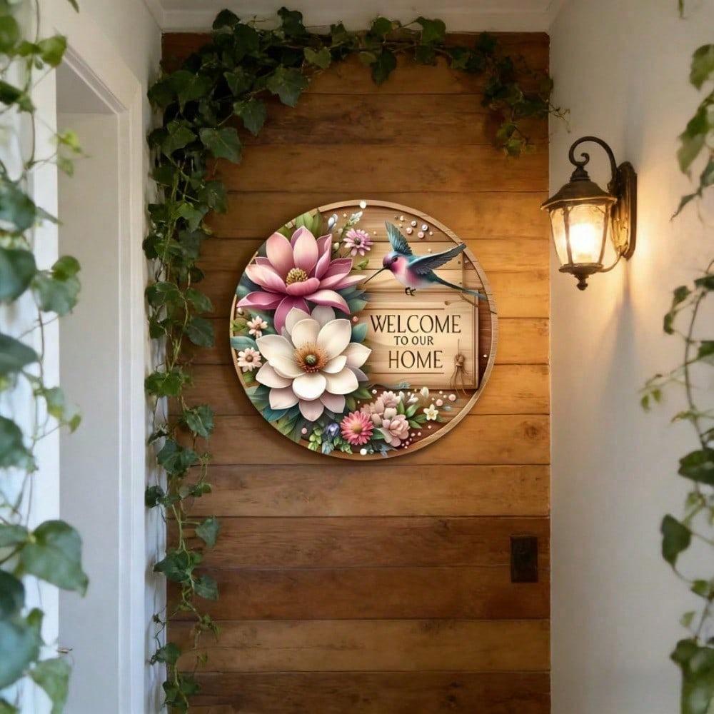 Welcome Home Metal Yard Sign 2D Round Iron Bird Flower Garden Decor Outdoor Patio Porch Wall Art 8x8 Inch