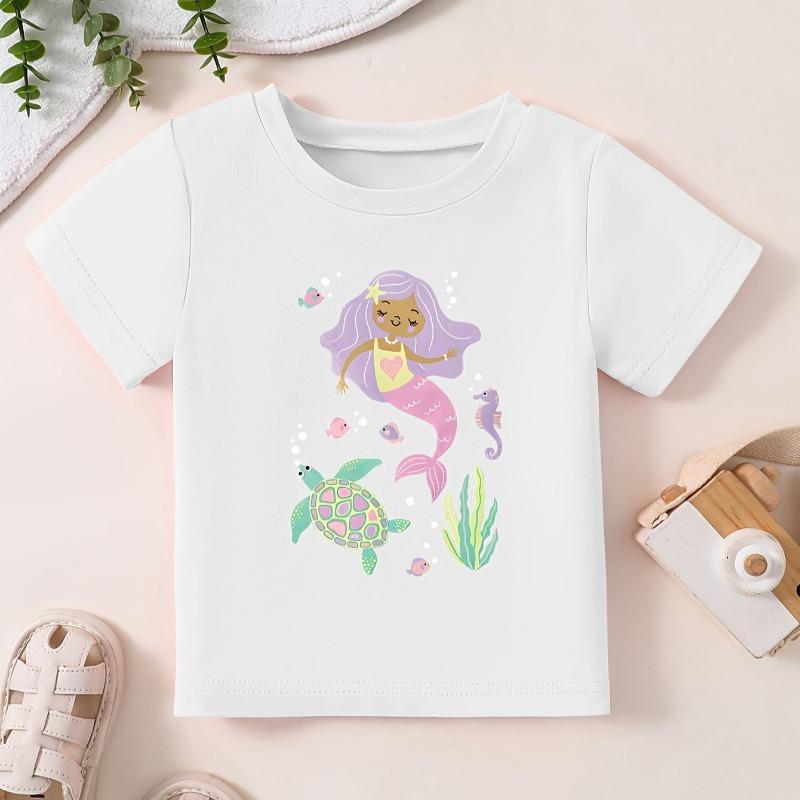 Kids Summer Crew Neck Short Sleeve T-Shirt with Cartoon Mermaid Print 110 белый
