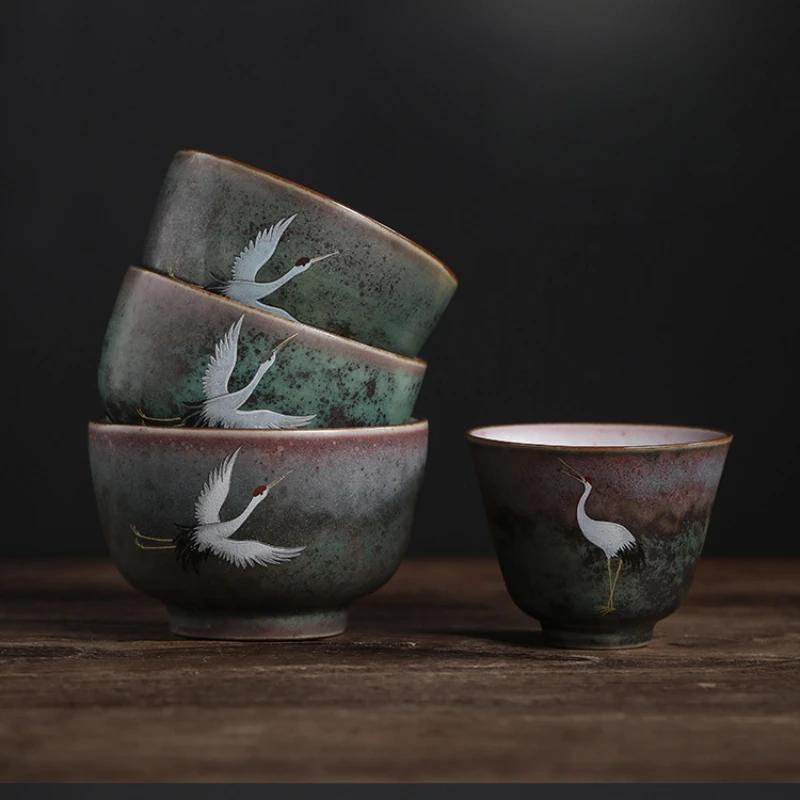 Handmade Stoneware Tea Cup Kiln Fired Retro Style Ceramic Mug Crane Design Personal Teaware for Host Gift Kitchen Dining Use
