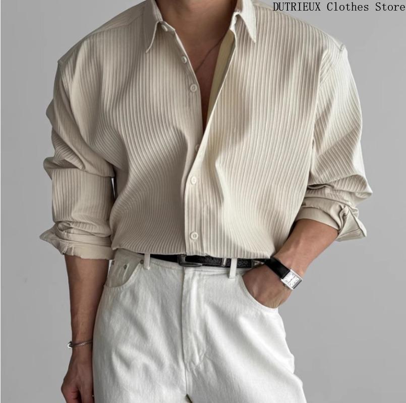 Hoge Kwaliteit Heren Business Casual Overhemden High-End Textuur Effen Kleur Overhemden Ademend Losse Overhemden met Lange Mouwen voor de Lente