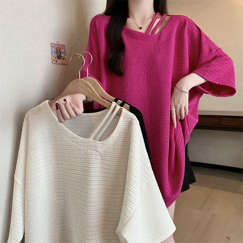 Large Size Shiny Texture Irregular Short Sleeved T-shirt Women's Summer New Loose Top