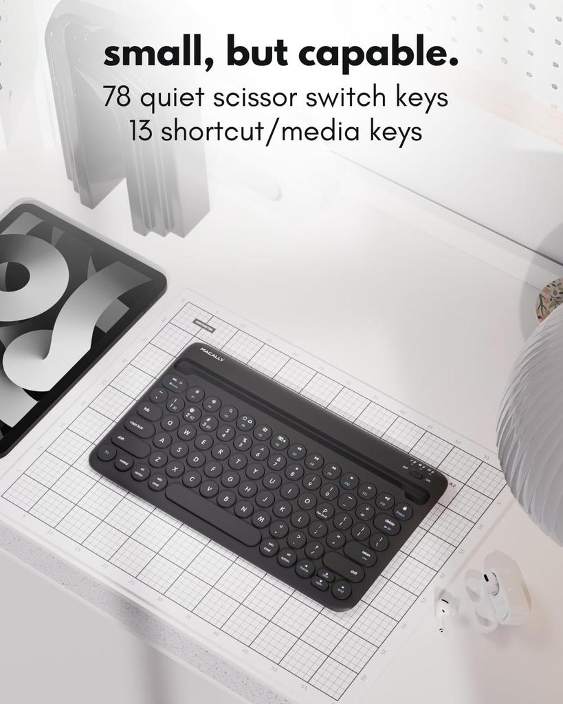 Macally Bluetooth Keyboard for Tablets Compatible with iPad and iPhone 78 Easy Quiet Black US Layout mini/Air/Mini (Multi-Device Compatible,