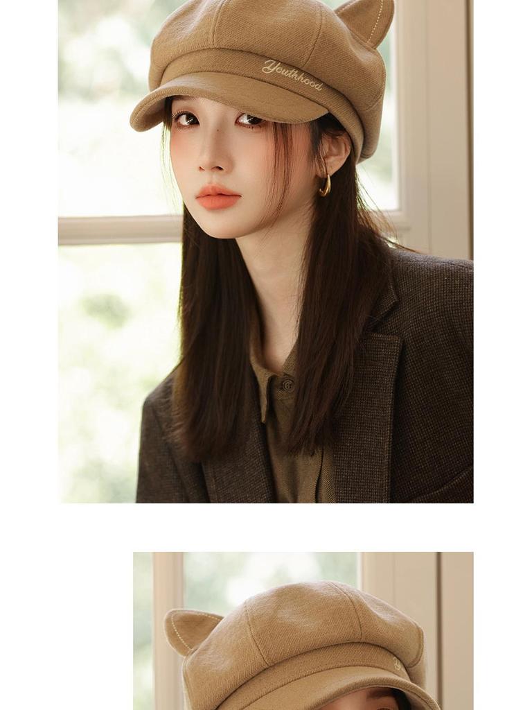 Retro Korean-Style Women's Beret: Octagonal Duckbill Hat with Cat Ears, Perfect for Autumn/Winter and Large Head Circumference
