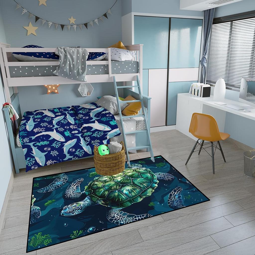 Green Sea Turtle Area Rug for Kids and Adults, Ocean Animal Print Carpet, Coastal Decor Non-Slip Rug for Bedroom and Living Room