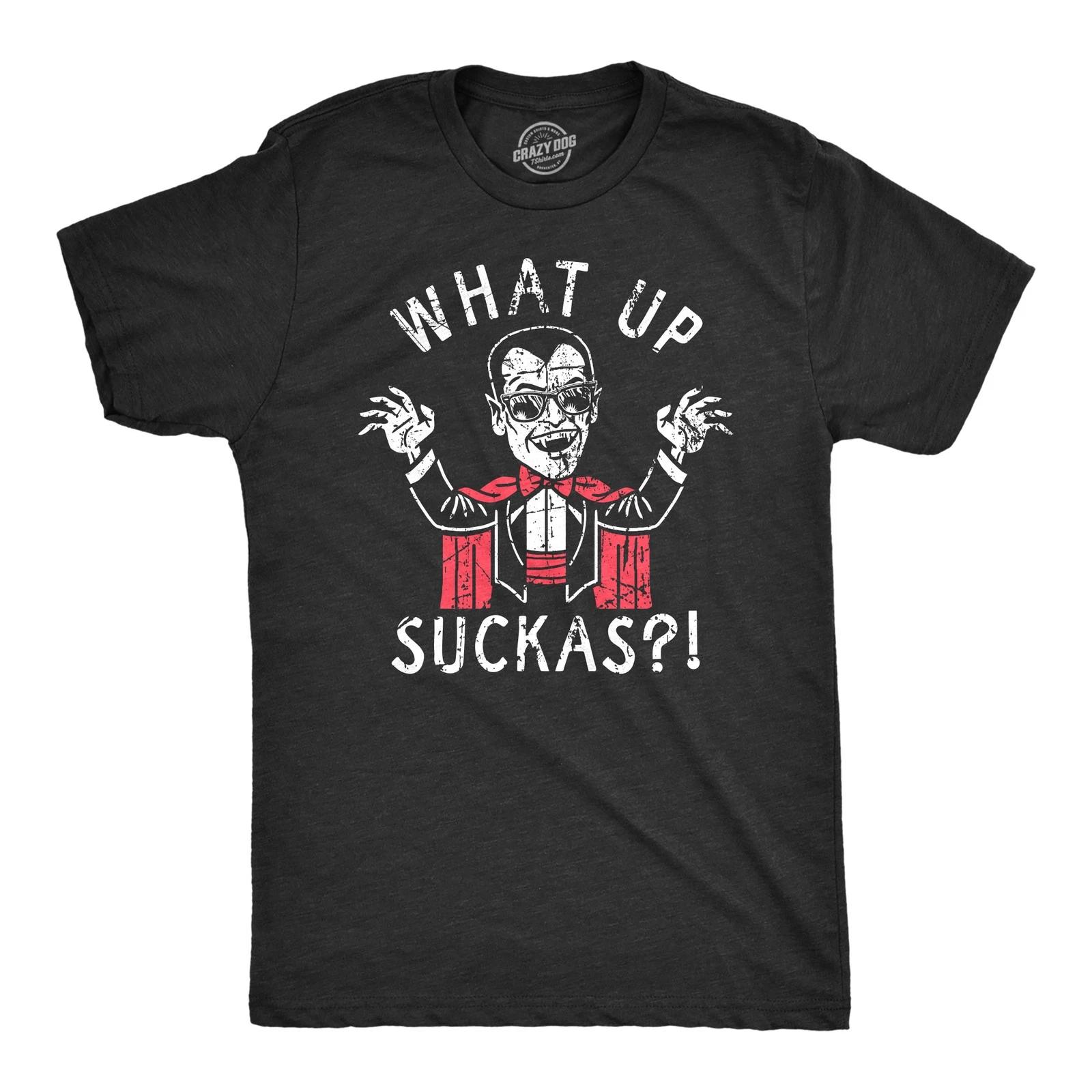 Mens What Up Suckas T Shirt Funny Spooky Halloween Party Vampire Tee for Guys XS