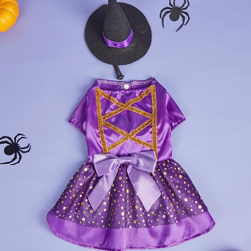 

Halloween Purple Dog Dress & Black Witch Hat, Holiday Theme Dog Holiday Party Satin Clothes for Small Dog Puppy Girl Cat Costume XS（old） фиолетовый