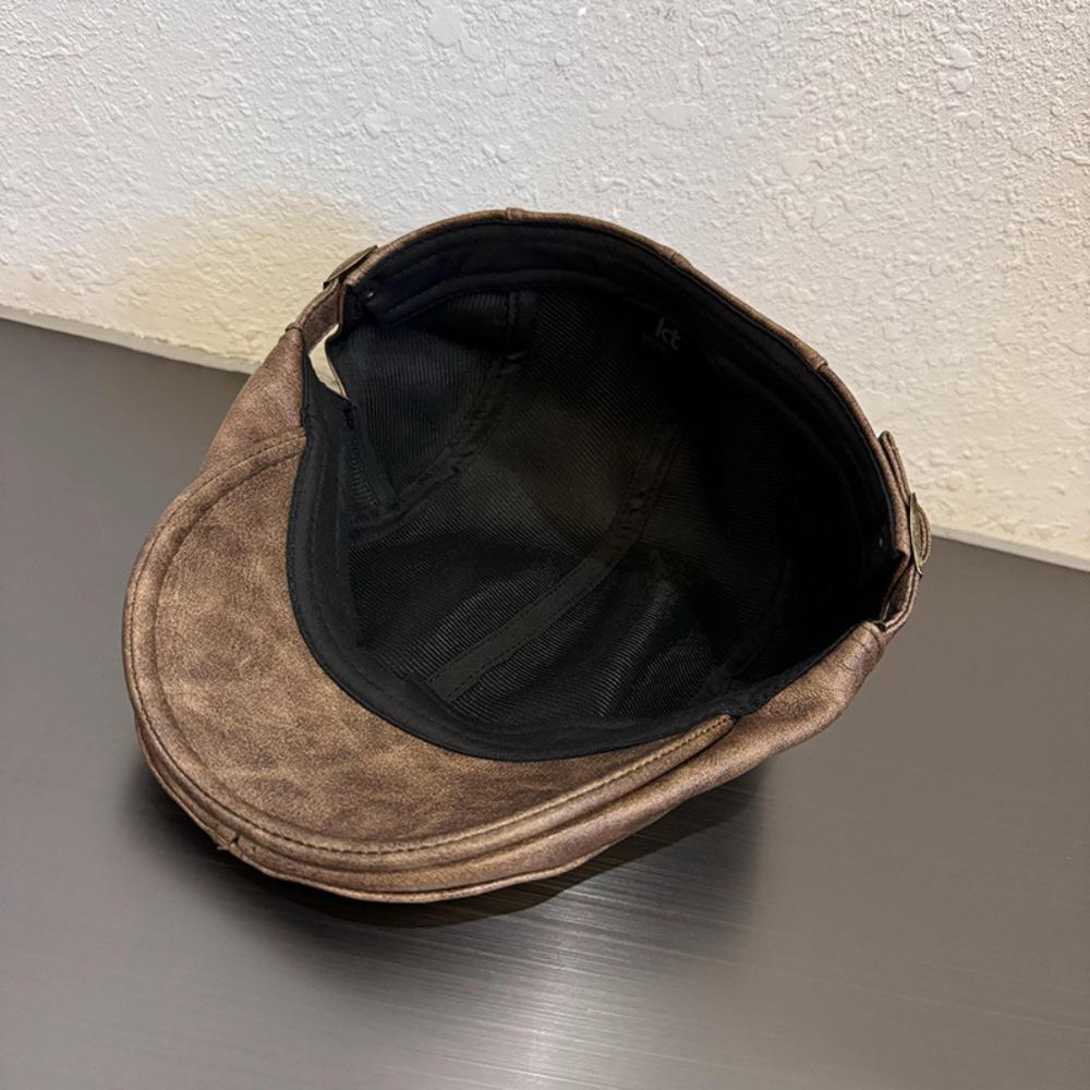 American Retro PULeather Plain Baker Beret Hat for Women Autumn Winter Unisex Beret Newsboy Cap Thicken Warm Duckbill Peaked Cap