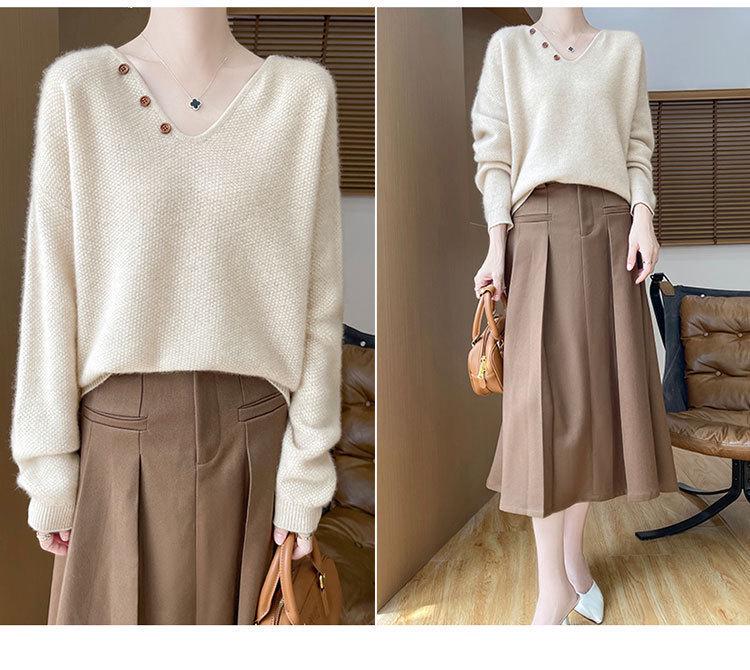 Women's V-Neck Cable Knit 100% Wool Sweater - Autumn/Winter, Solid Color, Loose Fit, Long Sleeve, Cozy Cashmere Layer