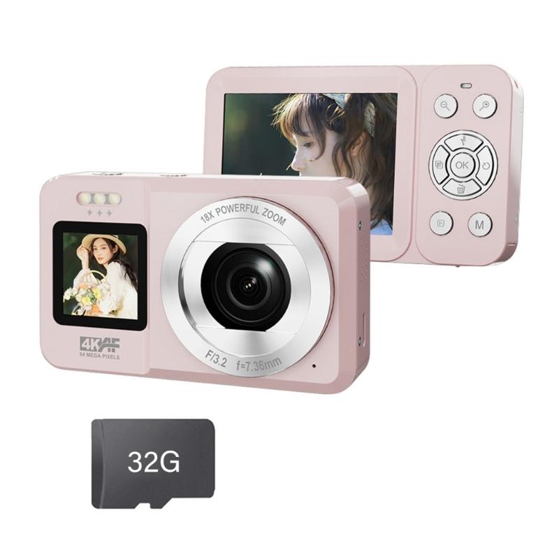 4K UHD 64MP Double Screen Digital Camera 18X Zoom Portable Pink for Students Travel Vloggings