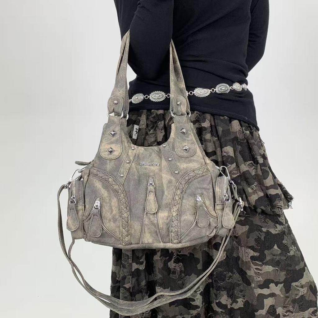 Millennial Spice Locomotive Washed Tote Bag Multi Pocket Personalized Maillard Vintage Shoulder Bag