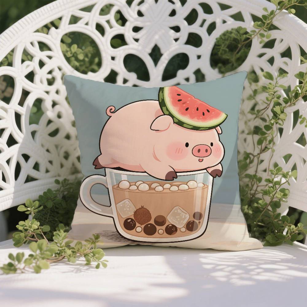 Happy Accompanying Pig Summer Pattern Pillow Case Anti-dustmite Pillowcase Invisible Zipper Silky Short Plush Sofa Cushion Cover