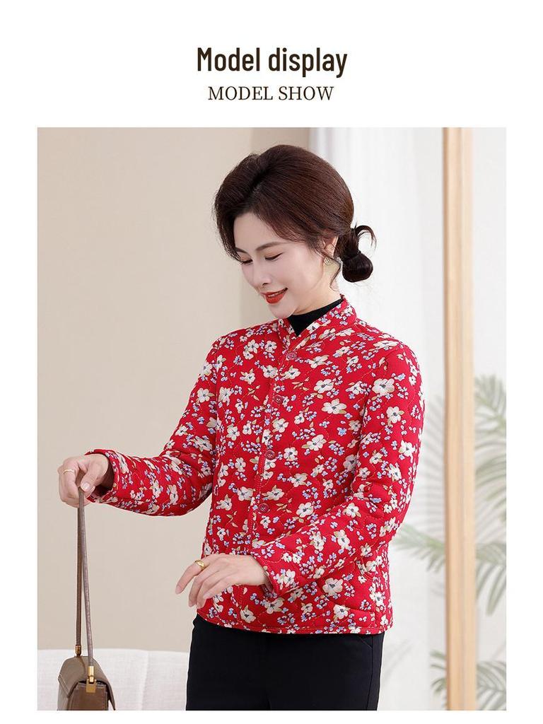 Floral Plus-Size Women's Cotton Jacket with Velvet Lining - Warm and Loose for Autumn/Winter