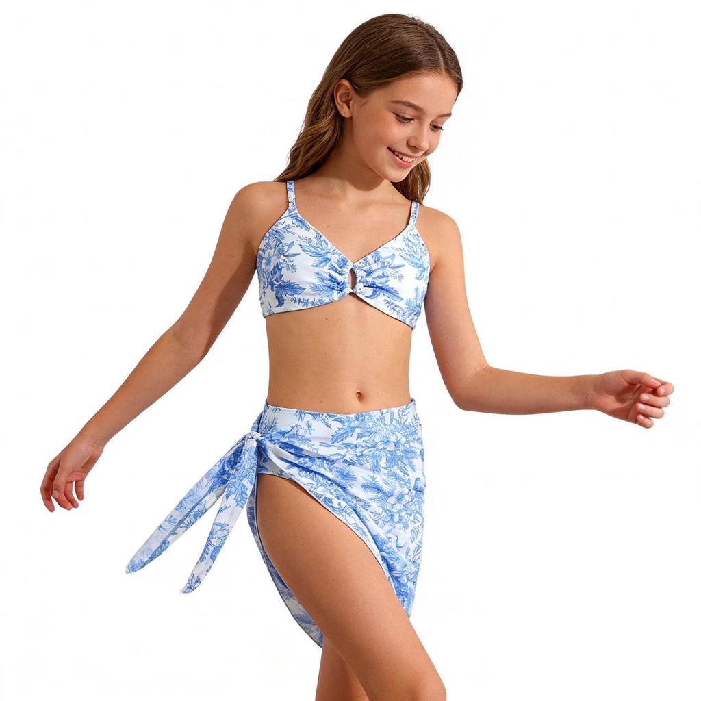 Costumi da Bagno per Ragazze 3 Pezzi Bikini Floreale Tropicale a Incrocio Costumi da Bagno per Ragazze con Gonna Copricostume 7 16T