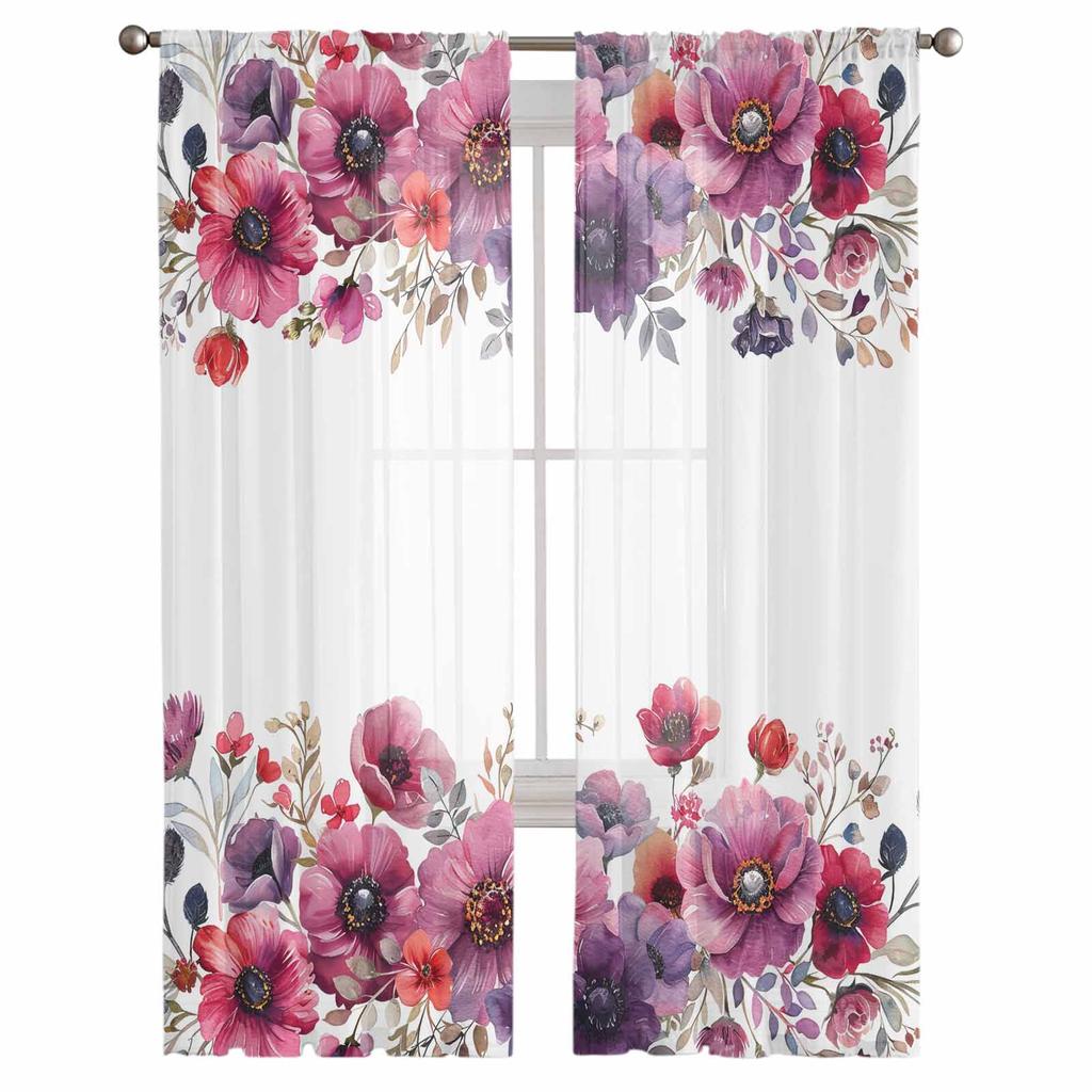 Flowers Leaves Watercolor Sheer Curtains Modern Gauze Curtain for Living Room Bedroom Voile Yarn Curtains