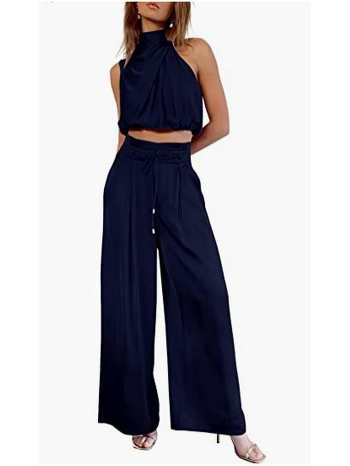 Damen Ärmelloses Stehkragen Crop Top & Weitbein Hose Set
