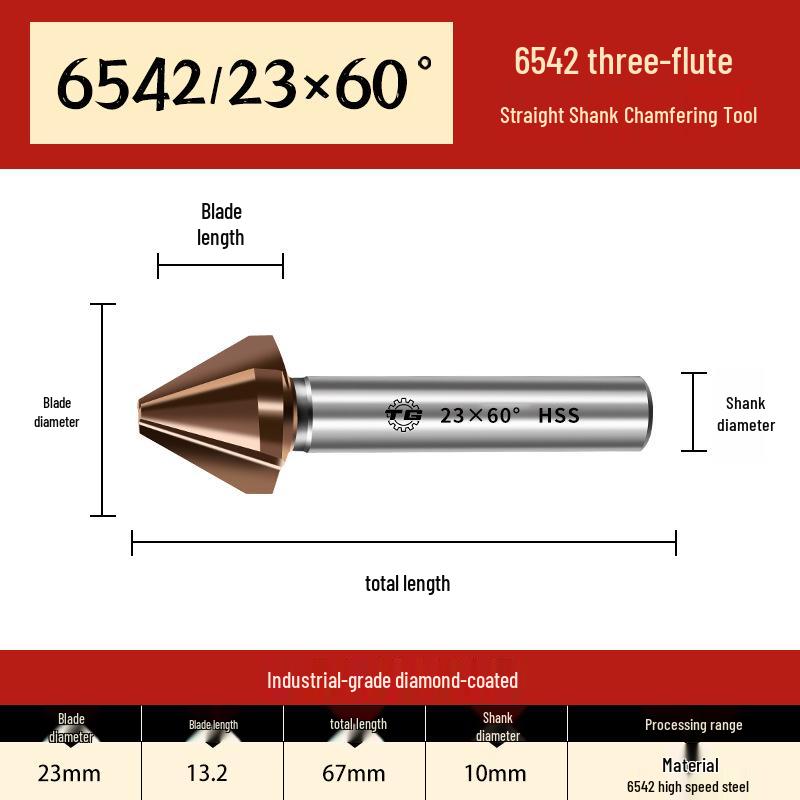 Tiangong 6542 Cobalt HSS 60° Single-Edge Chamfering, Deburring, and Countersink Cutter with Straight Shank.