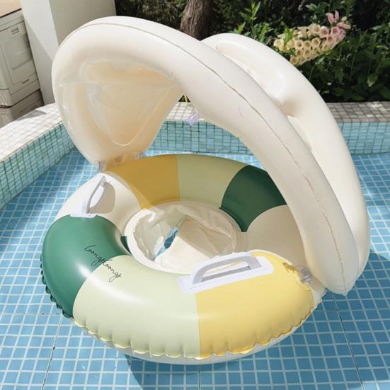 Inel de înot pentru bebeluși cu copertină detașabilă, Gonflabil cu dungi, Scaun plutitor pentru piscină cu mâner, Inel pentru piscină cu protecție solară pentru copii mici