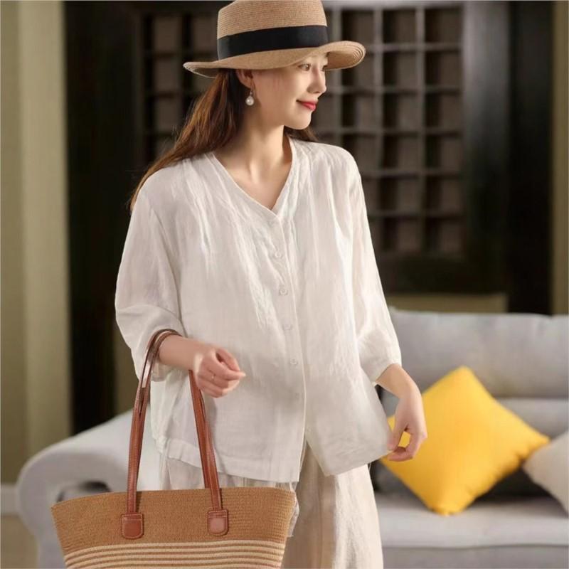 Johnature Women Casual Shirts V-Neck Half Sleeve Blouses Summer Solid Color Button Chinese Style Loose Shirts