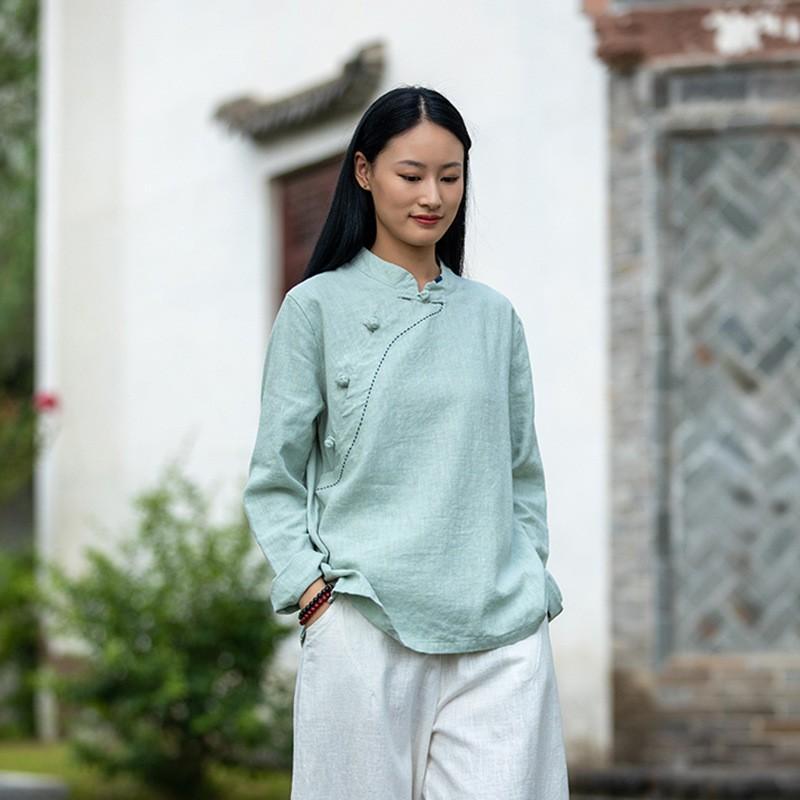 Höst T-shirts med kinesisk design för dam Andningsbar Dam Bomull Linne Skjorta Blus Kinesisk Traditionell Hanfu Blus