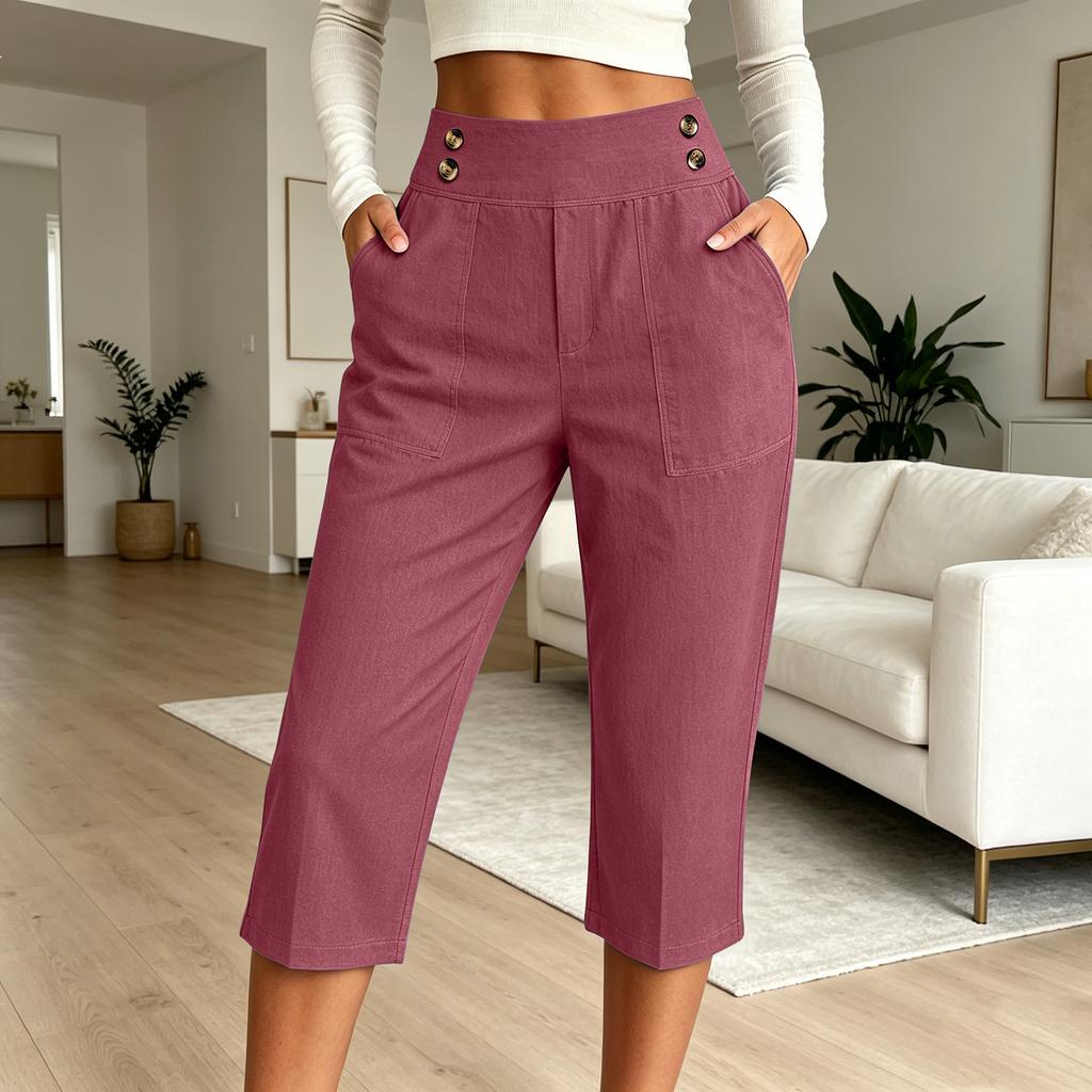 Women's Loose Fit Straight Leg Elastic Waistband Beach Capri Pants Casual Cropped Trousers with Button Detail and Side Pockets