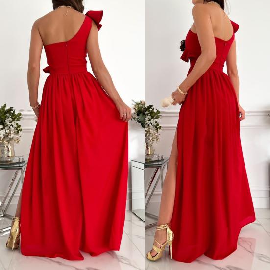 Sleeveless Side Split Flowy Hem Elegant Dress Sexy Skew Collar Ruffle Decor