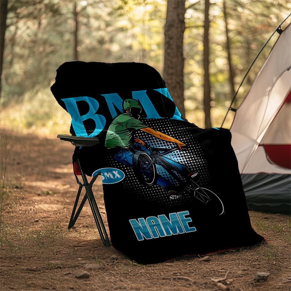 Bmx Rider Performing Extreme Tricks Personalized Outdoor Blanket Personalized Text Ultrasoft Great For Picnics Outdoor Travel And Camping Sofa Office