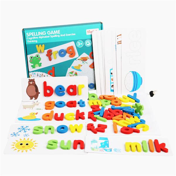 Wooden Alphabet Learning Cards Set Word Spelling Practice Game Toy Letters Spelling Card Word Toys