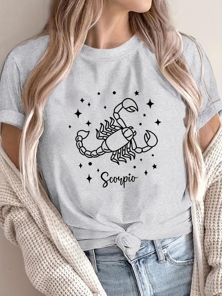 Women's Scorpio Zodiac Sign Grey Casual Short Sleeve Round Neck Blouse with Scorpio Symbol Astrological Print Scorpion