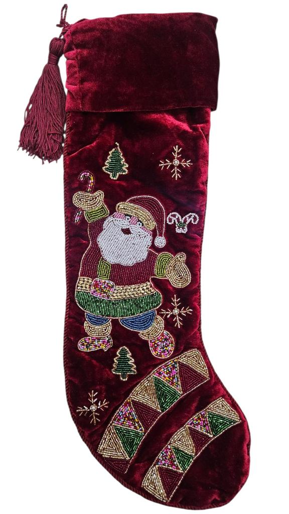 Handmade Beaded Santa Christmas Red Stocking – 21” Large Velvet Holiday Decor Fireplace Stocking Santa Claus Christmas Decoration & Gift Bag