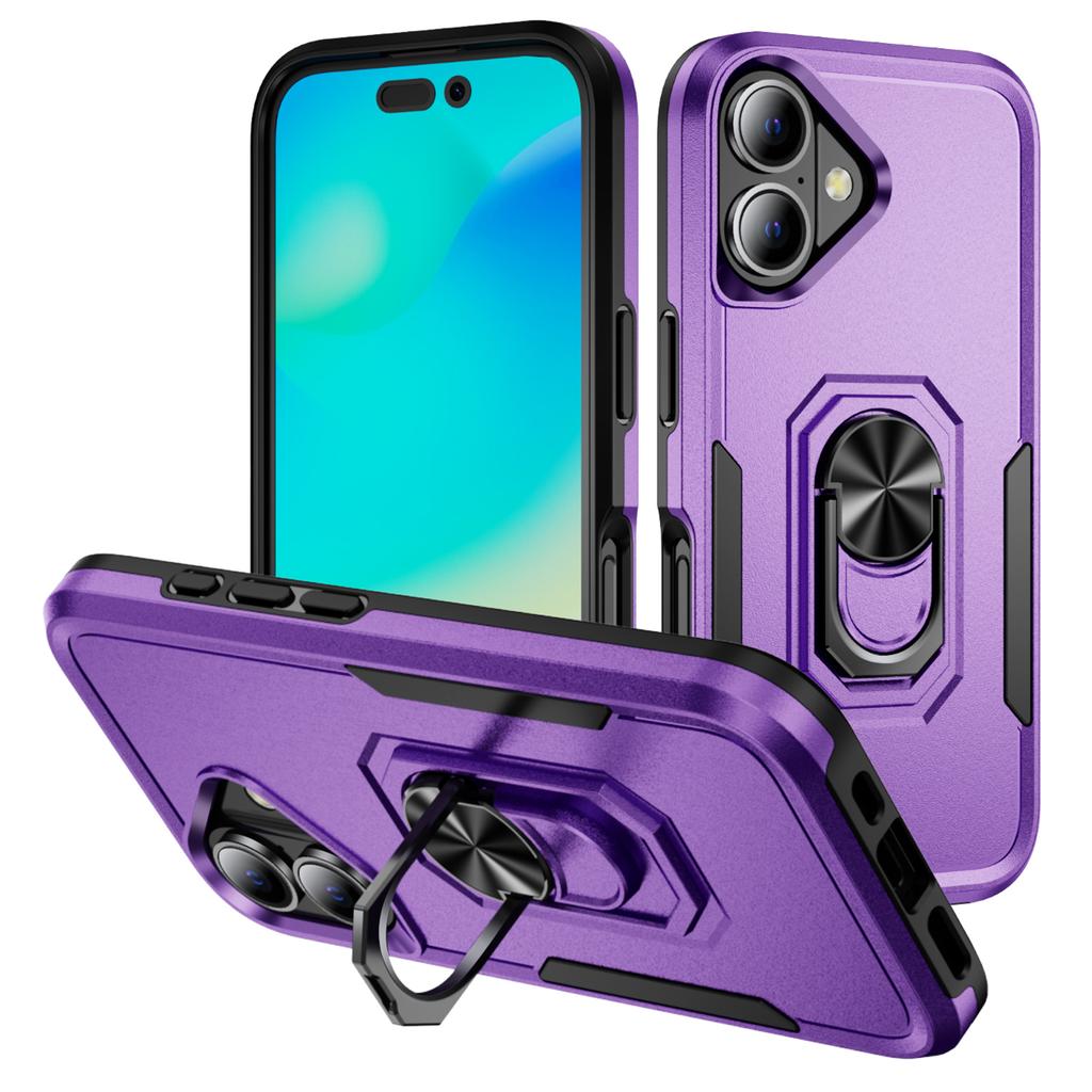 For iPhone 16 Plus Case Military Grade Ring Kickstand PC+TPU Phone Cover
