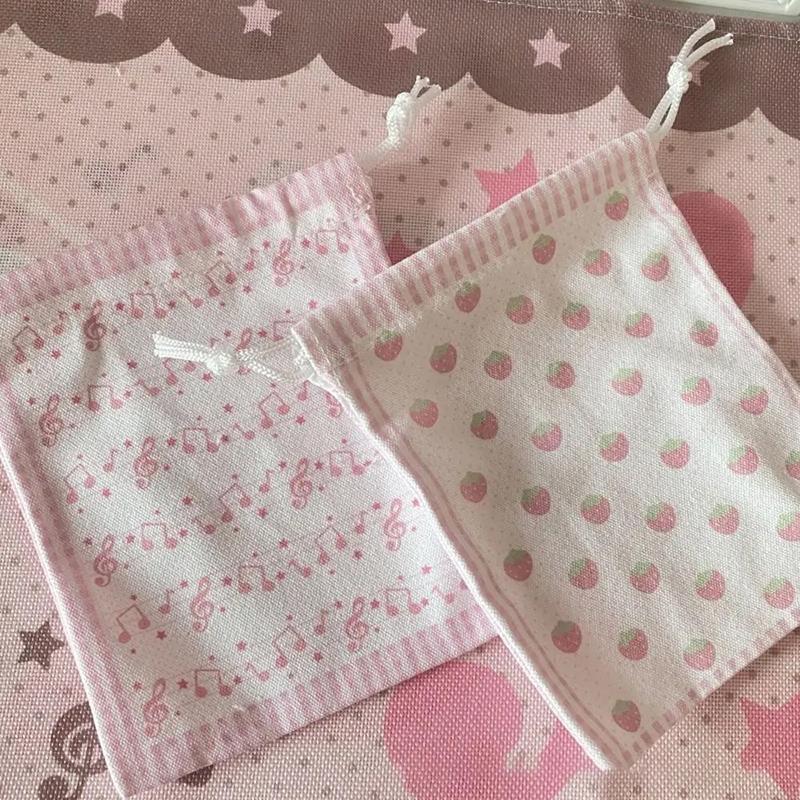 Strawberry Musical Note Drawstring Bag Large Capacity Portable Coin Purse Gift Cartoon Makeup Storage Pouch