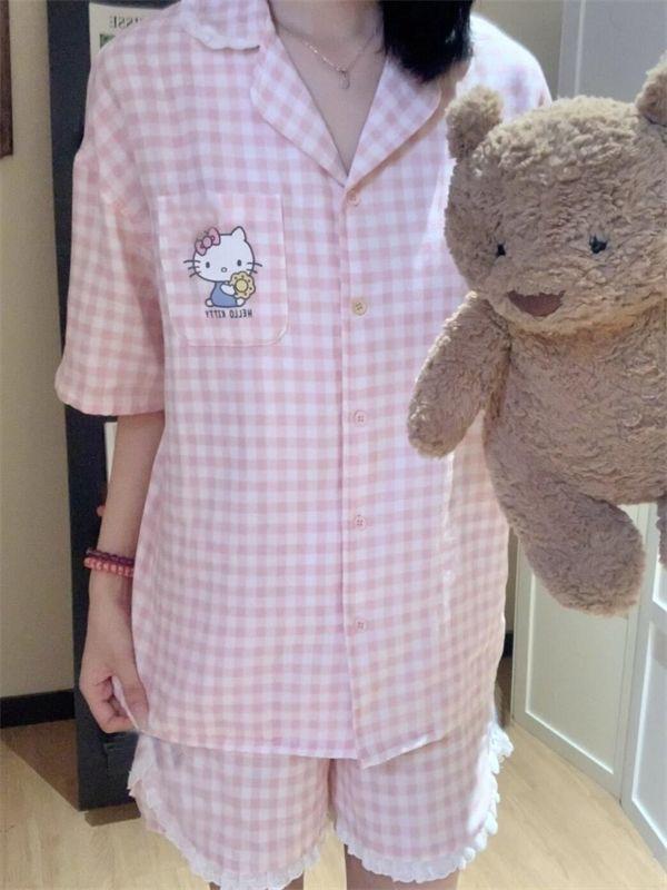 

Ins wind pink grid pocket Kitty cat pajamas women s summer lace short-sleeved shorts set student loungewear S
