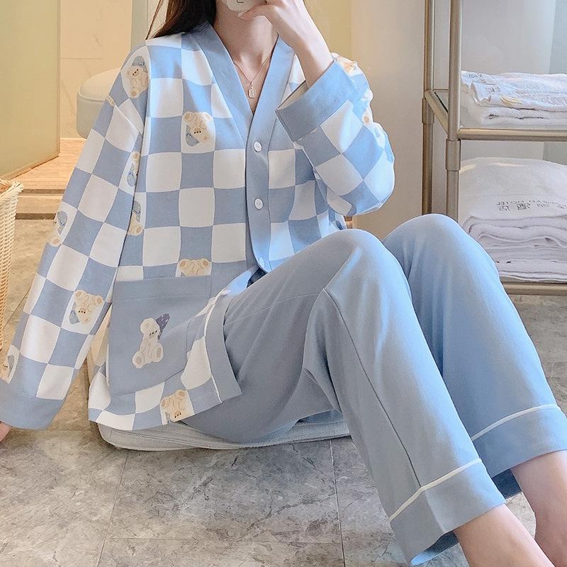 Women Pajama Long Sleeve Pants Autumn Two-Piece Set Sleepwear Female Sweet Breathable Home Clothes Student Nightwear 2511