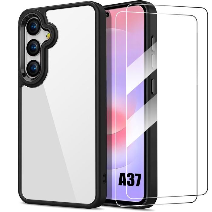 Coque pour Samsung Galaxy A37 5G, Silicone Noir avec Dos Transparent Rigide - 2 Verres Trempés