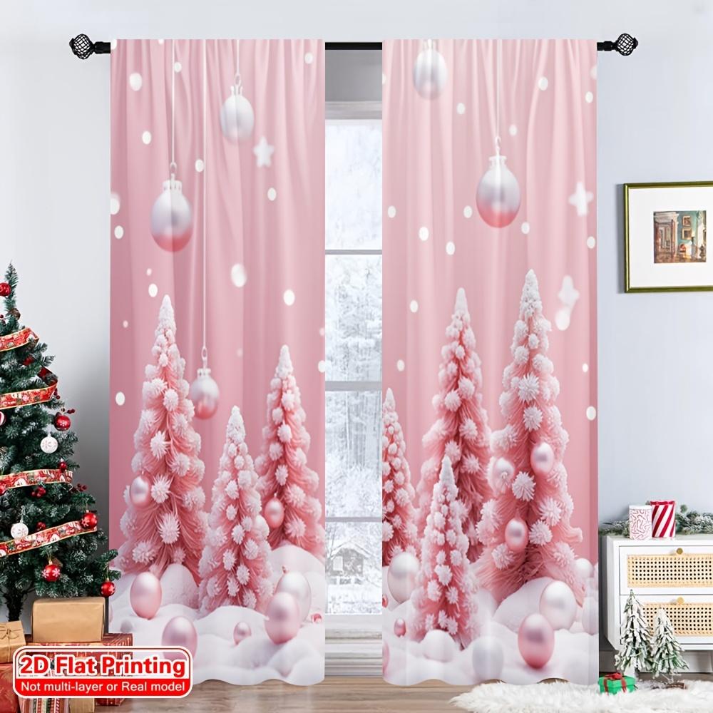 2PCS Christmas Winter Curtains, Pink Christmas Tree Snow Baubles, Digital Print, Bedroom Living Room, Rod Pocket, Home Decor