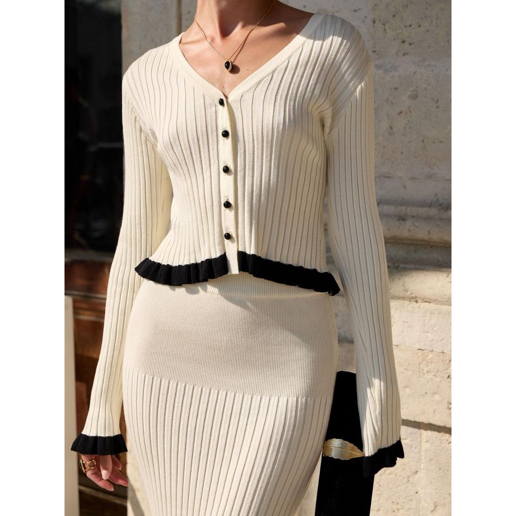 French Elegant Ruffle Edge Tight Knit Two-piece Set Women's Autumn and Winter Temperament Dress Set