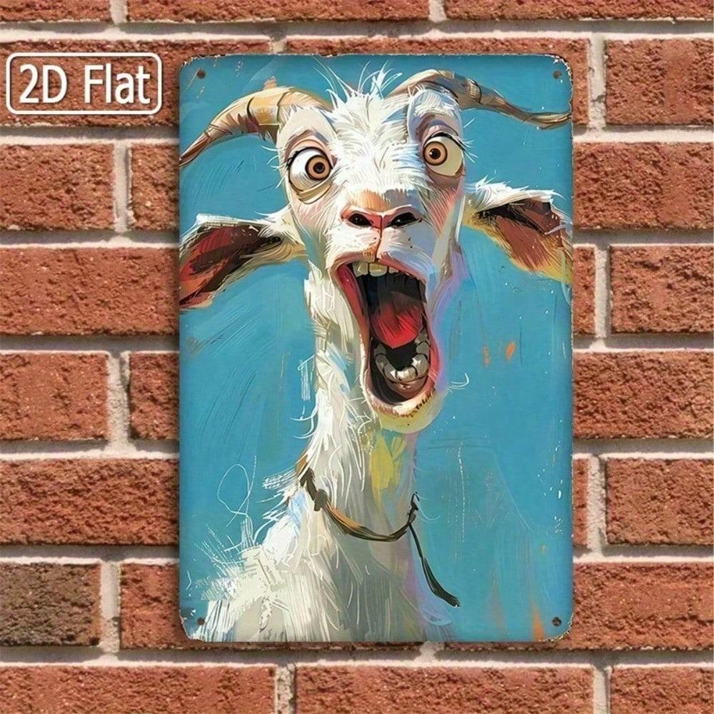 1PC 2D Flat Metal Tin Sign, Funny Screaming Goat Portrait Wall Art, Whimsical Blue Background Animal Poster, Rustic Farmhouse Decor