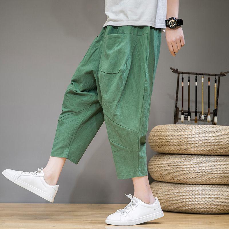 

Summer Loose Thin Chinese Style Linen Men Wide-leg Casual Harlan Cotton and Linen Cropped Pants L червоний