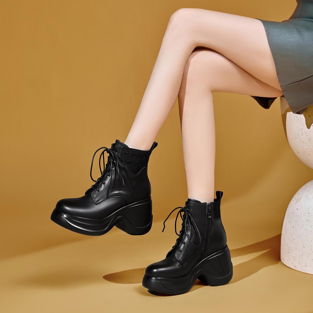 Martin boots women's leather thick-soled 2025 autumn and winter velvet thick heel waterproof table heightening front lace-up side zipper short boots