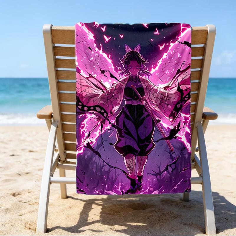 proof beach towel with a Demon Slayer Shinobu Kocho pattern - soft,absorbent,quick-drying,machine washable - perfect for swimming,camping,bathing