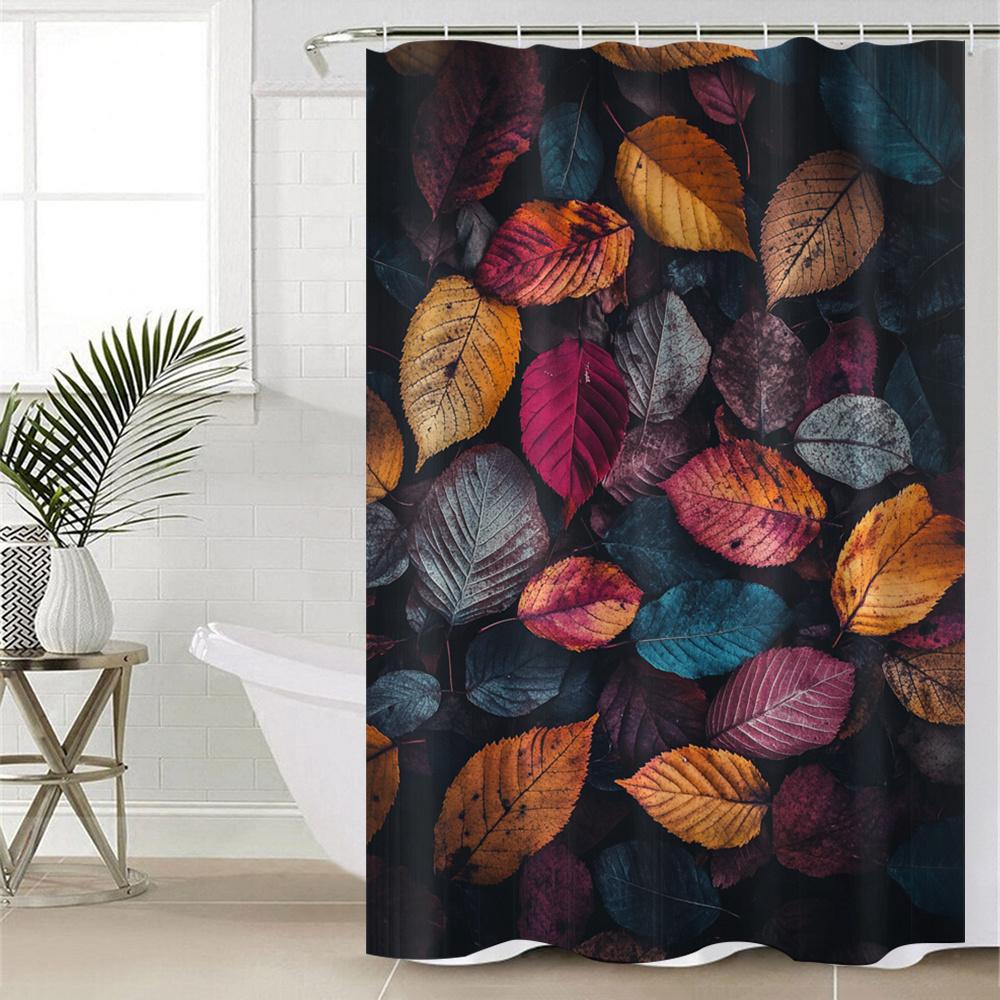 Autumn Leaves Digital Print Polyester Waterproof Bath Drapery with Hooks, Water-Resistant with Animal Motifs for All Seasons