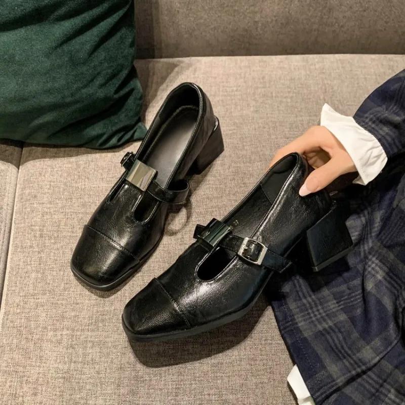 Women's Fashion Thick Heel Shoes Fall New Square Head in The Mouth Metal Buckle Anti-slip Wear-resistant Low-top Shoes