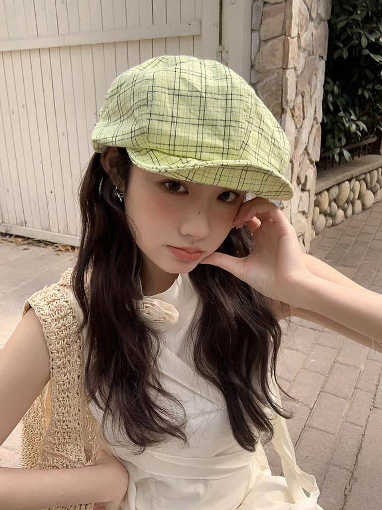 Plaid beret women's spring summer thin versatile face small octagonal hat big head circumference painter hat