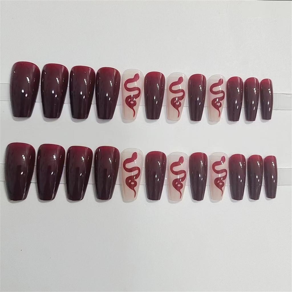 Woman Glossy Press-on Nail Wine Red Snake Pattern Ballerina Artificial Nail for Salon Expert and Naive Women